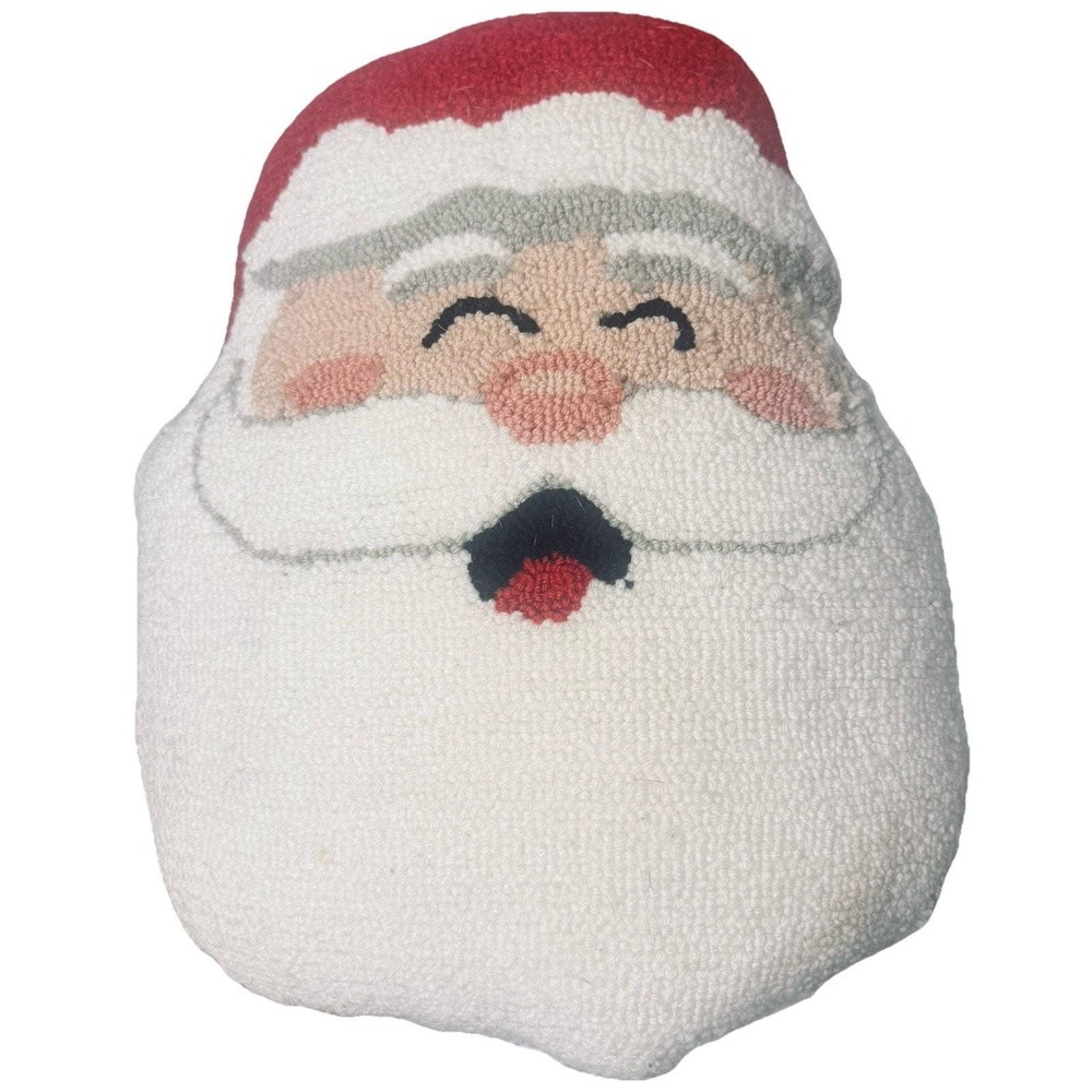 Vintage Santa Claus Hooked Wool Decorative Christmas Pillow Red White 16x12